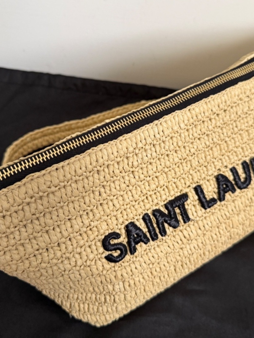 Saint Laurent YSL Le Rafia Beige Black Woven Embroidered Logo Zip Crossbody Bag - Picture 4 of 15